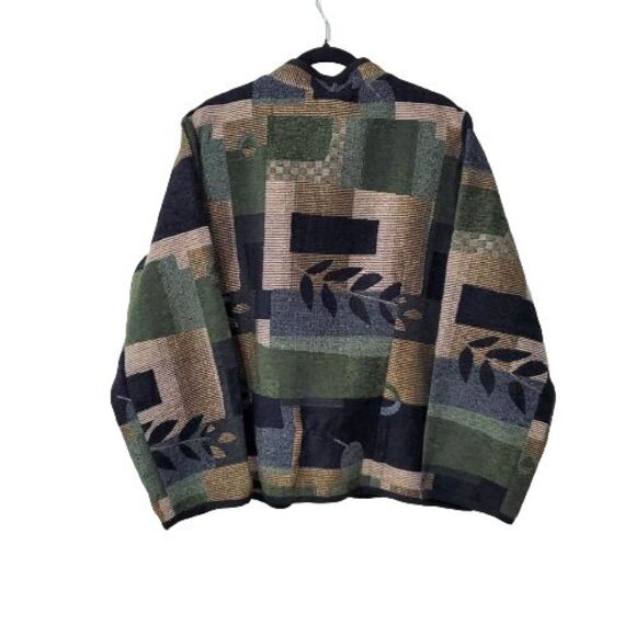 Serengeti Tapestry Colorblock Leaf Print Jacket Black Green Beige Women's 1X - Picture 2 of 5